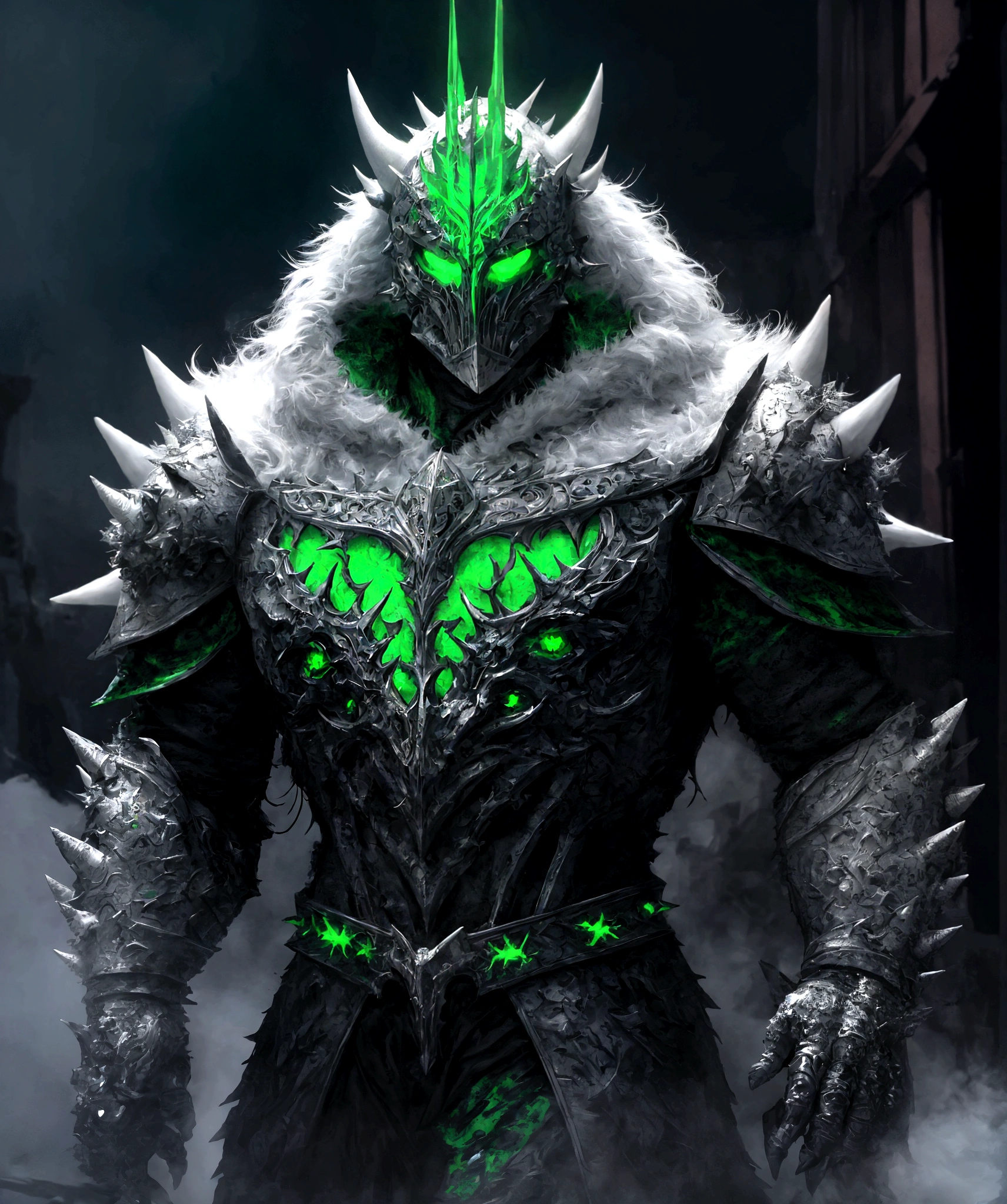 (extremely detailed 8k wallpaper), a medium shot photo of Grim dressed as a scary masked white and green furry-supervillain in a white and green spiked armour made of fur glowing armour with spikes from marvel, theme, intricate, high detail, dramatic, furry monster and destroyed buildings in the background