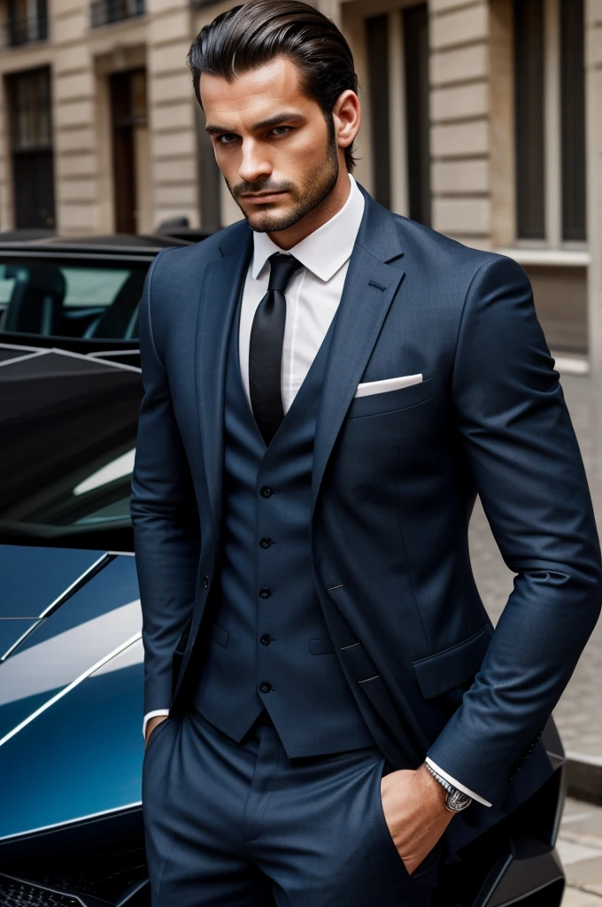 Next to a French man with stubble wearing a three-piece suit ,dark but perfectly organized hair,with blue eyes and a muscular body next to his black Lamborghini
