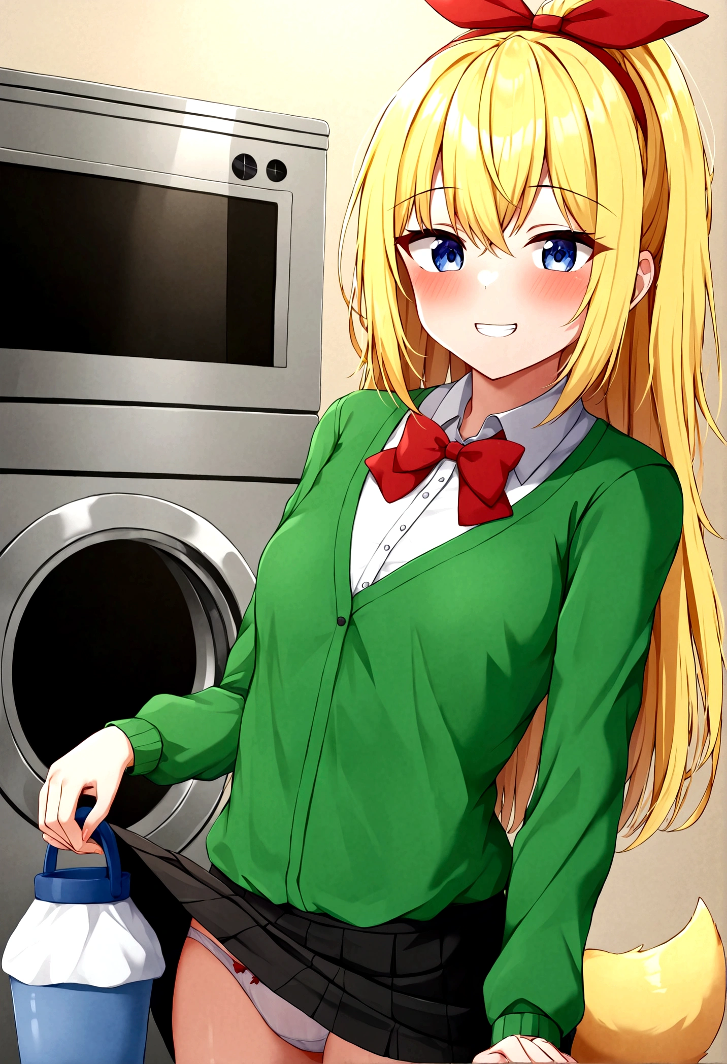 One girl,
Laundry room,washing machine, Laundry basket, a few underwears are in a Laundry basket,
Blonde, {{{Half Twin Tail:1.3}}}、break,blush, bow, 赤いbow, Long sleeve, shirt, 襟付きのshirt, skirt, プリーツskirt, 黒いskirt, Small breasts,
{{{Face close-up}}},Upper Body,,Pay attention to the panties,Quality underwear,
Look down,View your viewers,
Panties as a gift,
Tabletop, Highest quality, , Absurd, Perfect Skin, Detailed skin texture, Ultra-detailed, 8K, Intricate details, Beautifully detailed face,High resolution,
 {{{Shadowed face}}}, mock, {{{Grit your teeth:1.2}}}, Grin, smile, Looking down at the viewer, masterpiece,Absurd, Beautiful detailed face when viewed from the front,