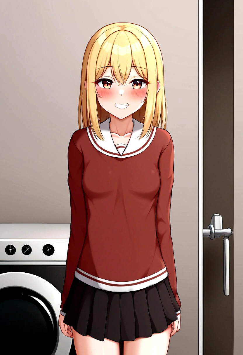 One girl,
Laundry room,washing machine, Laundry basket, a few underwears are in a Laundry basket,
Blonde, {{{Half Twin Tail:1.3}}}、break,blush, bow, 赤いbow, Long sleeve, shirt, 襟付きのshirt, skirt, プリーツskirt, 黒いskirt, Small breasts,
{{{Face close-up}}},Upper Body,,Pay attention to the panties,Quality underwear,
Look down,View your viewers,
Panties as a gift,
Tabletop, Highest quality, , Absurd, Perfect Skin, Detailed skin texture, Ultra-detailed, 8K, Intricate details, Beautifully detailed face,High resolution,
 {{{Shadowed face}}}, mock, {{{Grit your teeth:1.2}}}, Grin, smile, Looking down at the viewer, masterpiece,Absurd, Beautiful detailed face when viewed from the front,