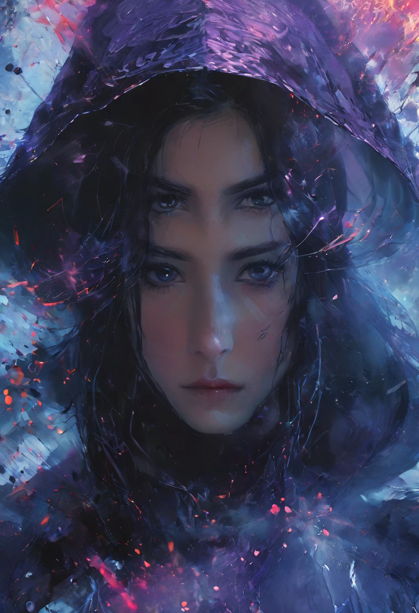 (Masterpiece, 8K, UHD, high resolution: 1.4), stylized portrait of Raven from Titans in Spider-Verse style, (classic Raven outfit with cape and hood: 1.3), (bright violet eyes: 1.2), (short, dark hair: 1.2), (confident and mysterious pose: 1.2), (background with comic book elements, vibrant colors, and distortion effects: 1.3), (dynamic shadows and lights: 1.2), (dark and electrifying atmosphere: 1.3), intricate and textured details, (elements of fantasy and action: 1.2), (dynamic and powerful perspective: 1.3)
