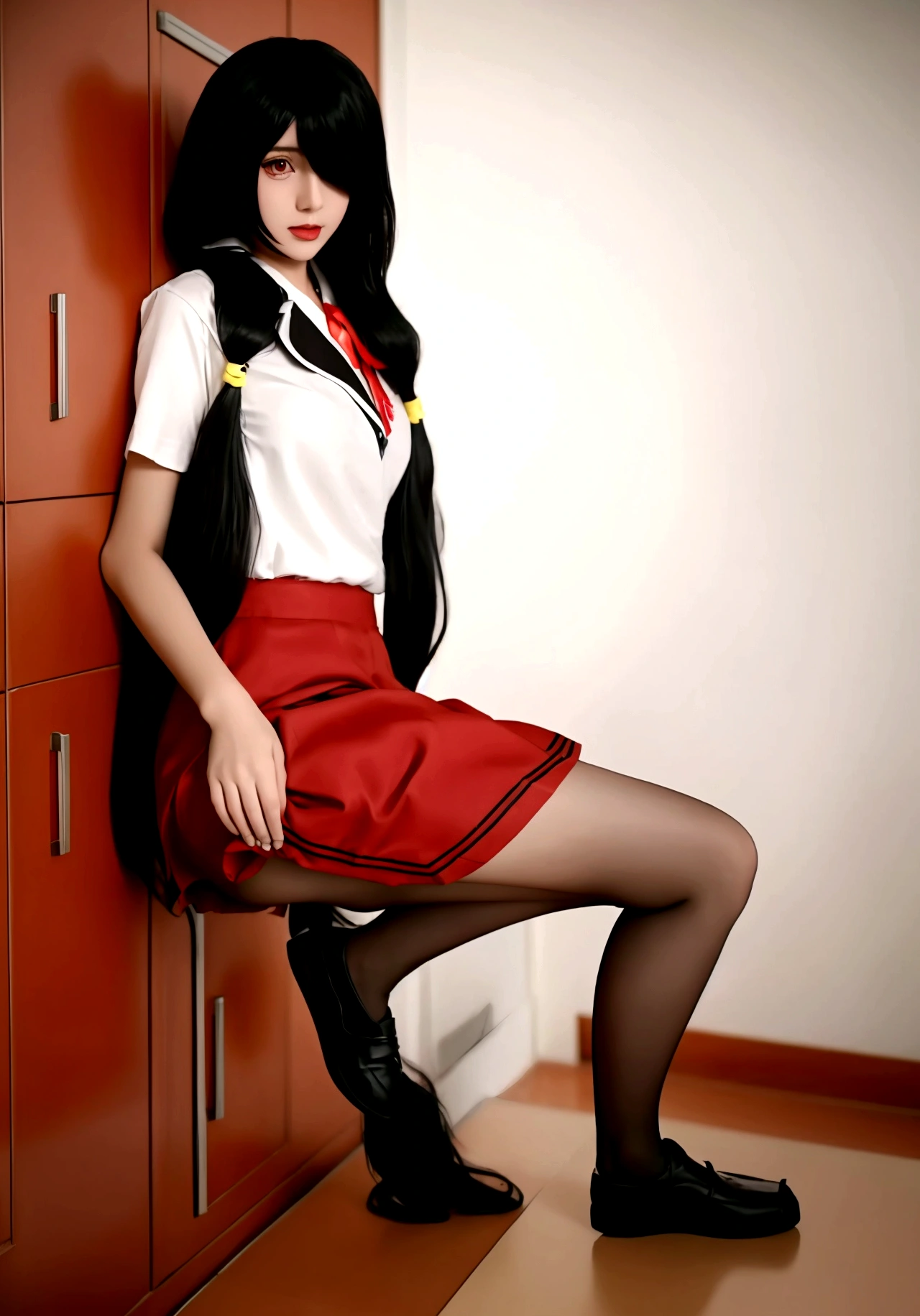 ultra-detailed,highly detailed,best quality,masterpiece,illustration, 
The image features an anime-style character with long, dark hair and heterochromatic eyes—one red and one yellow. The character is wearing a white sports shirt with red accents and a matching red skirt. The setting appears to be a locker room or a sports equipment room, as there are clothes and uniforms hanging in the background. The character's pose, with hands on hips and a slightly tilted head, suggests confidence or curiosity. The lighting is soft, casting gentle shadows and giving the scene a somewhat realistic touch despite its animated nature.