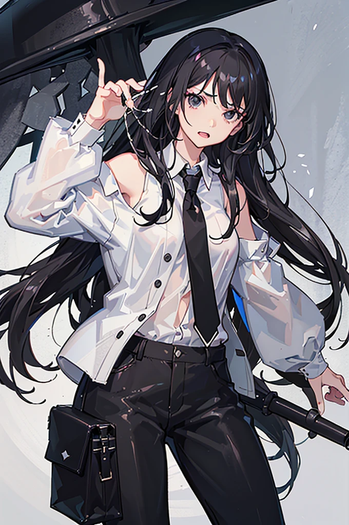 30-year-old woman, long black hair, serious, black eyes, wears old-fashioned clothing, black baggy pants, black boots, white blouse with long sleeves and exposed shoulders, powers of darkness, dark background.