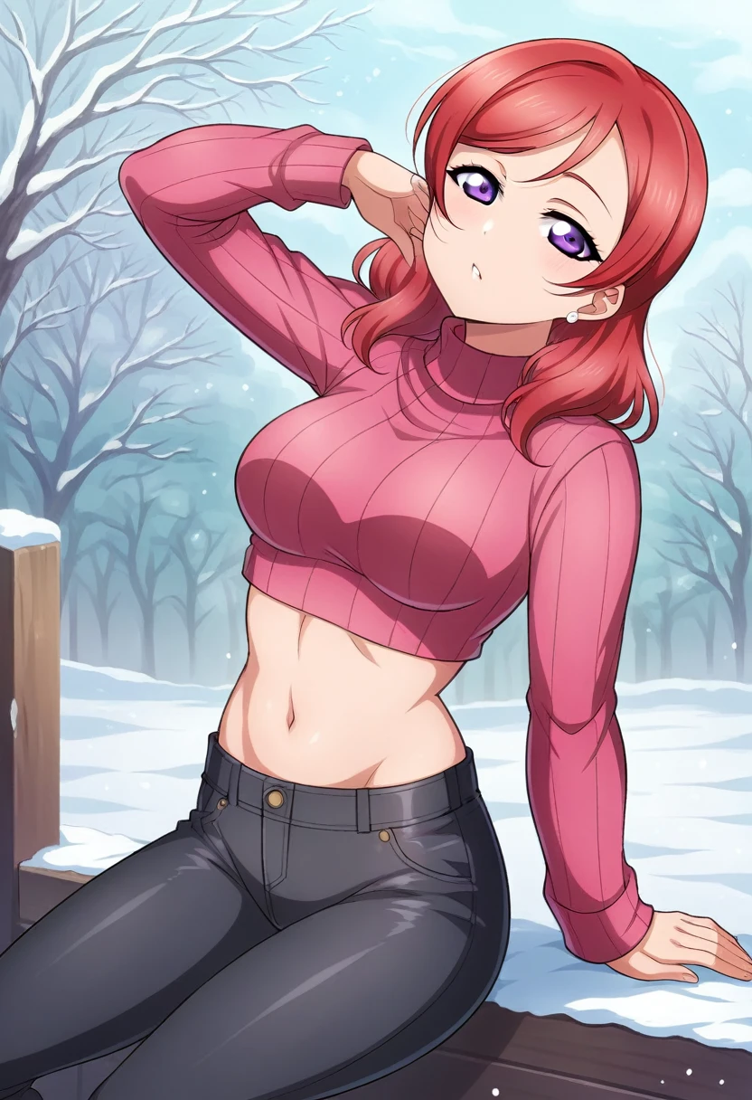 Masterpiece, love live artstyle,sexy,facial details,solo, detailed body part details, cowboy shot, midriff, breasts,8k wallpaper, looking at viewer, nishikino maki, low waisted leather pants,tight ,(sweater crop top), earrings,in street,snow,red hair ,purple eyes, sitting on fence,bored, half closed eyes,snow breath, arms support,head back ,head tilt 