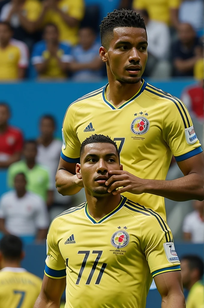 Man watching soccer celecion volombia with Colombia shirt number 7 with name Miguel 