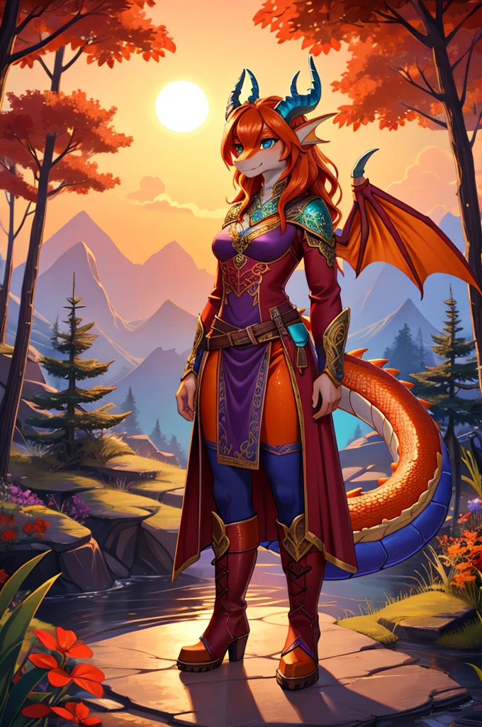 bright colors, fantasy style art, beautiful anthropomorphic female dragon, mature and young, tall character, 5 feet 11 inches tall, dragon body, dragon head, dragon snout, dragon eyes, dragon skin, long wavy bright orange hair, bright teal eyes, sparkling teal eyes looking at viewer, shapely body, skinny body, healthy body, orange scaly dragon skin, highly detailed scales, covered in orange scales, purple and red warrior outfit, ornate red clothes, fancy purple patterns and symbols, 2 red dress coattails hanging down her sides, high brown leather boots, long draping red sleeves, 2 large orange dragon wings, wings on both sides, orange dragon horns, standing in a fantasy forest, blue trees, sunset, high quality digital art, 2k, professional illustration, highly detailed giantess villages tiny