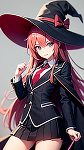 wearing blazer and witch hat of top and cloak of edge and check skirt and ribbon tie ,extremely long shot