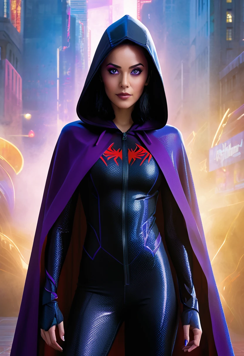 (Masterpiece, 8K, UHD, high resolution: 1.4), stylized portrait of Raven from Teen Titans in Spider-Verse style, (classic Raven outfit with cape and hood: 1.3), (bright violet eyes: 1.2), (short, dark hair: 1.2), (confident and mysterious pose: 1.2), (background with comic book elements, vibrant colors, and distortion effects: 1.3), (dynamic shadows and lights: 1.2), (dark and electrifying atmosphere: 1.3), intricate and textured details, (elements of fantasy and action: 1.2), (dynamic and powerful perspective: 1.3)