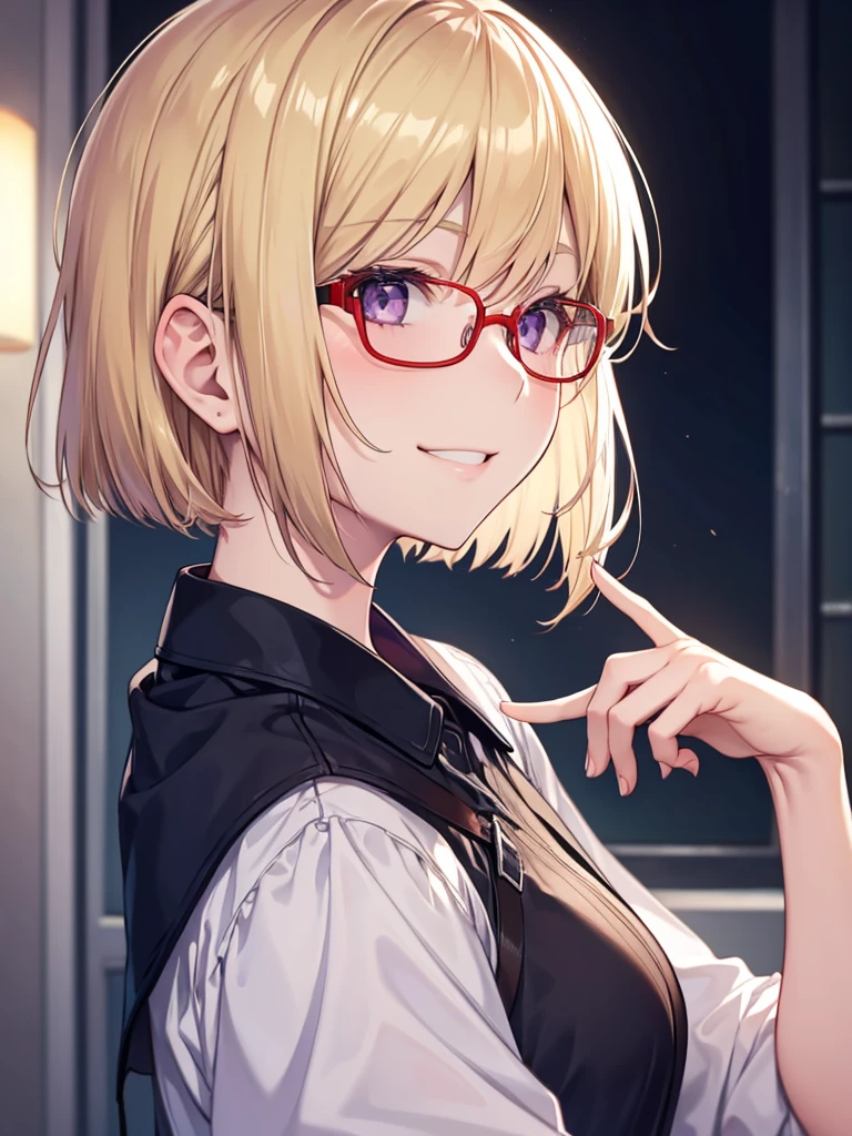 1 female、blonde、bangs、Bobcut、Straight hair、Chignon hairstyle、Purple Eyes、Red Rim Glasses、smile、From the side、wear a rider&#39;Jacket、Long sleeve、gloves、Building roof、Blowing in the Wind、blue sky、Upper body close-up、Sharp contours