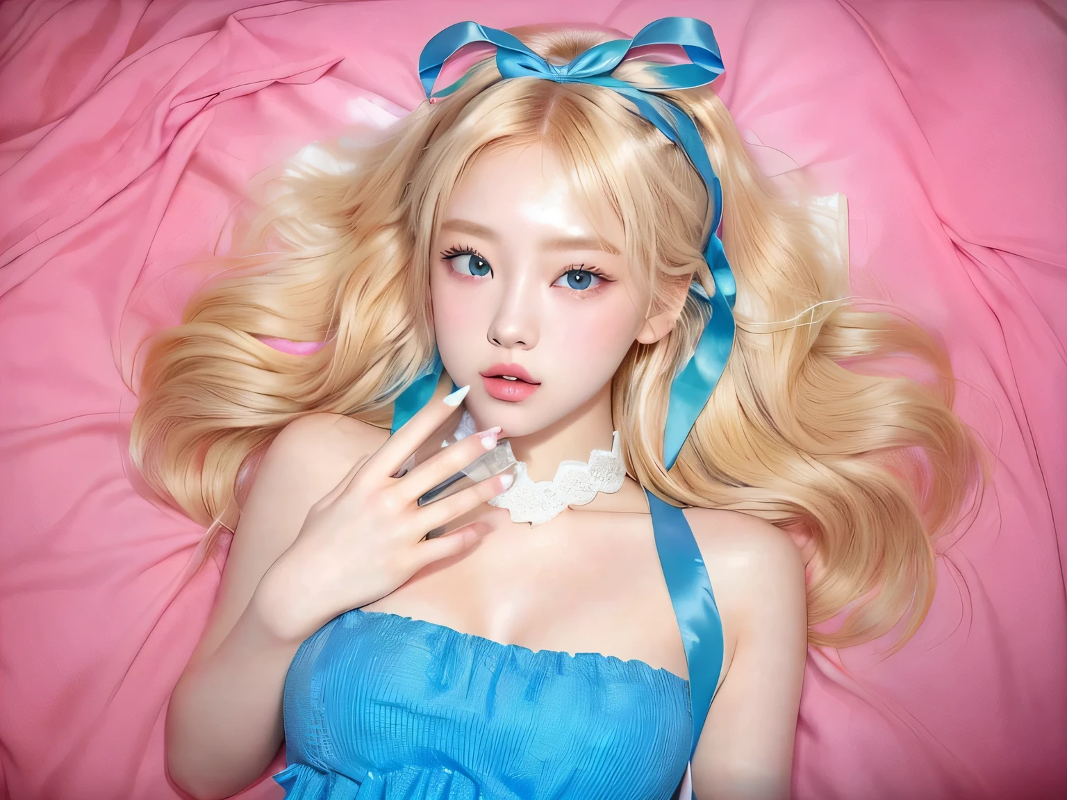 Blonde-haired woman in blue dress and blue bow lying on a pink bed, beautiful dolphin, roseanne park by blackpink, plastic doll, Ava Max, aesthetic!!!!!! female genius, ulzzang, In the style of Petra Collins, with long blonde hair, Portrait of Blackpink's Jossi, long blonde hair and big eyes, Barbie doll, anime Barbie doll, japanese gyaru portrait