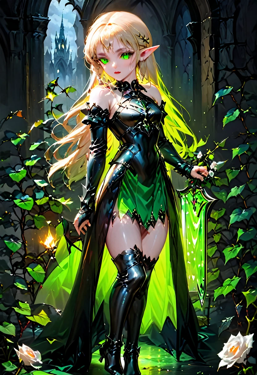 Dark fantasy art, fantasy art, goth art,  a picture of the elf Princess Zelda as vampire, exquisite beauty, full body shot, dark glamour shot, pale white skin, blond hair, long hair, wavy hair, (glowing green: 1.3) eyes, she  wears a (green: 1.3) intricate armor, thigh high heels, , ArmoredDress, the roses are imprinted on the dress (black: 1.4)  black roses vibrant, Ultra-high resolution, High Contrast, (masterpiece:1.5), highest quality, Best aesthetics), best details, best quality, highres, ultra wide angle, 16k, [ultra detailed], masterpiece, best quality, (extremely detailed), betmd, high heells, dark castle porchm, dark, black and colorm, Dark Art Painting Style