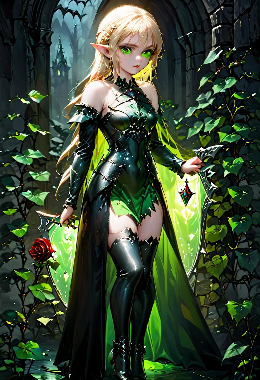 Dark fantasy art, fantasy art, goth art,  a picture of the elf Princess Zelda as vampire, exquisite beauty, full body shot, dark glamour shot, pale white skin, blond hair, long hair, wavy hair, (glowing green: 1.3) eyes, she  wears a (green: 1.3) intricate armor, thigh high heels, , ArmoredDress, the roses are imprinted on the dress (black: 1.4)  black roses vibrant, Ultra-high resolution, High Contrast, (masterpiece:1.5), highest quality, Best aesthetics), best details, best quality, highres, ultra wide angle, 16k, [ultra detailed], masterpiece, best quality, (extremely detailed), betmd, high heells, dark castle porchm, dark, black and colorm, Dark Art Painting Style