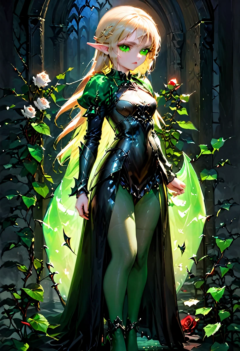 Dark fantasy art, fantasy art, goth art,  a picture of the elf Princess Zelda as vampire, exquisite beauty, full body shot, dark glamour shot, pale white skin, blond hair, long hair, wavy hair, (glowing green: 1.3) eyes, she  wears a (green: 1.3) intricate armor, thigh high heels, , ArmoredDress, the roses are imprinted on the dress (black: 1.4)  black roses vibrant, Ultra-high resolution, High Contrast, (masterpiece:1.5), highest quality, Best aesthetics), best details, best quality, highres, ultra wide angle, 16k, [ultra detailed], masterpiece, best quality, (extremely detailed), betmd, high heells, dark castle porchm, dark, black and colorm, Dark Art Painting Style