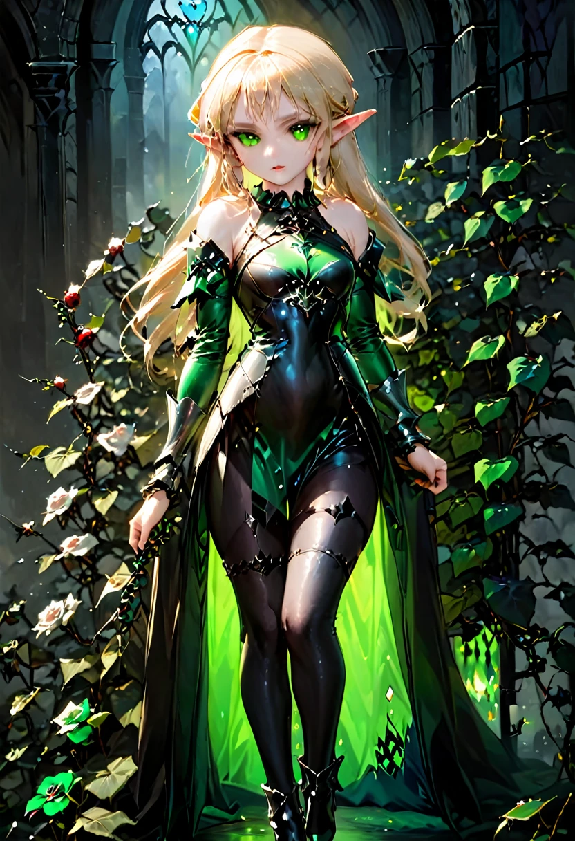 Dark fantasy art, fantasy art, goth art,  a picture of the elf Princess Zelda as vampire, exquisite beauty, full body shot, dark glamour shot, pale white skin, blond hair, long hair, wavy hair, (glowing green: 1.3) eyes, she  wears a (green: 1.3) intricate armor, thigh high heels, , ArmoredDress, the roses are imprinted on the dress (black: 1.4)  black roses vibrant, Ultra-high resolution, High Contrast, (masterpiece:1.5), highest quality, Best aesthetics), best details, best quality, highres, ultra wide angle, 16k, [ultra detailed], masterpiece, best quality, (extremely detailed), betmd, high heells, dark castle porchm, dark, black and colorm, Dark Art Painting Style