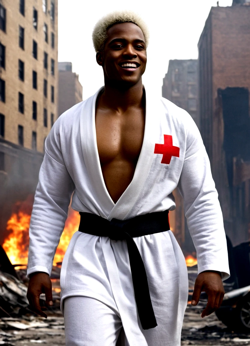 sci-fi cinematic A young african american man with short White Afro hair wearing a white blindfold with a red cross on it slightly muscular wearing a white robe and a giant black belt with a white cross on it wearing a white sweatpants, cinematic Highly detailed the man is in the city vfx background city street fire and car wrecks Abandoned buildings, movie scene film with a smiling expression as he stands on the street with a confident fighting pose