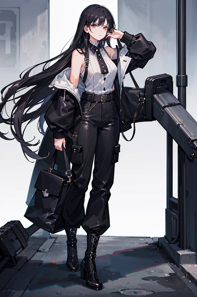 30-year-old woman, long black hair, serious, black eyes, wears old-fashioned clothing, black baggy pants, black boots, white blouse with long sleeves and exposed shoulders, powers of darkness, dark background. 