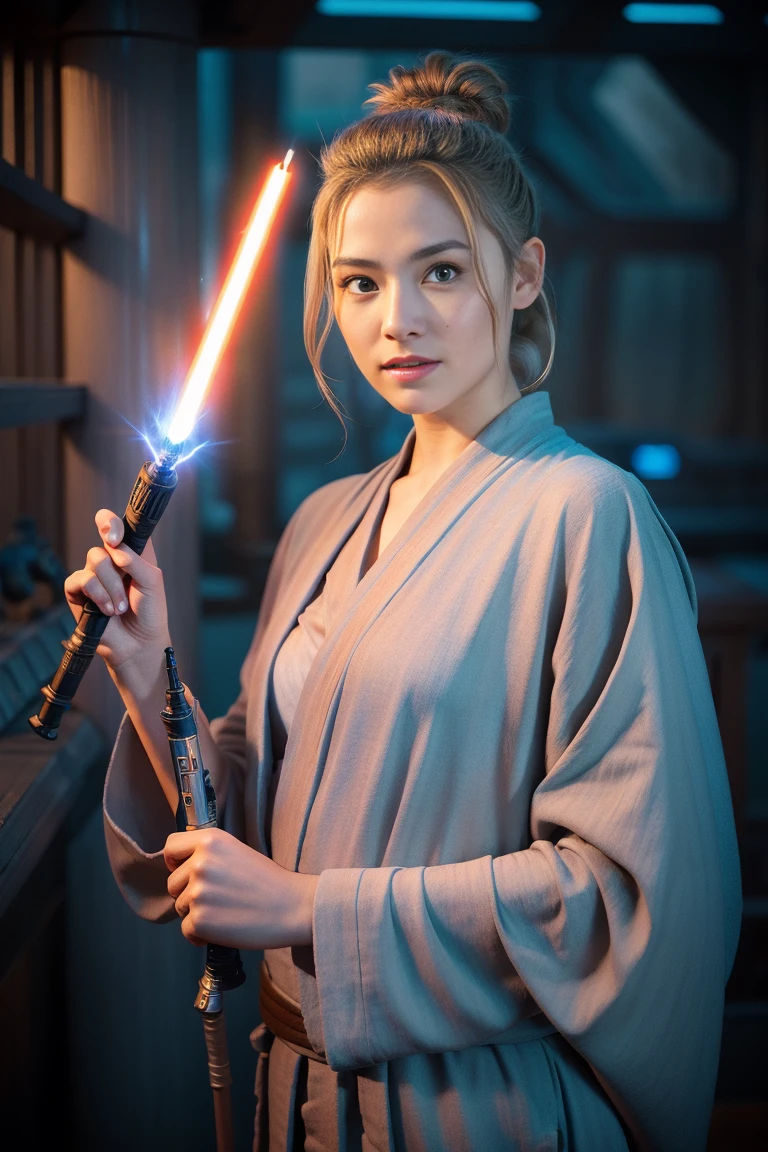 Star Wars, Jedi Master, woman, Beauty, Cute face, Light brown hair tied up in a bun, Wearing a Jedi robe, Lightsaber in hand, The blade burns blue, Jedi Temple