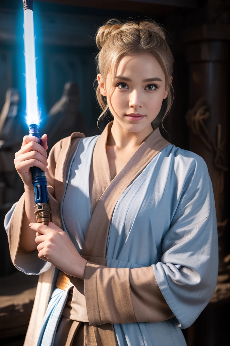 Star Wars, Jedi Master, woman, Beauty, Cute face, Light brown hair tied up in a bun, Wearing a Jedi robe, Lightsaber in hand, The blade burns blue, Jedi Temple