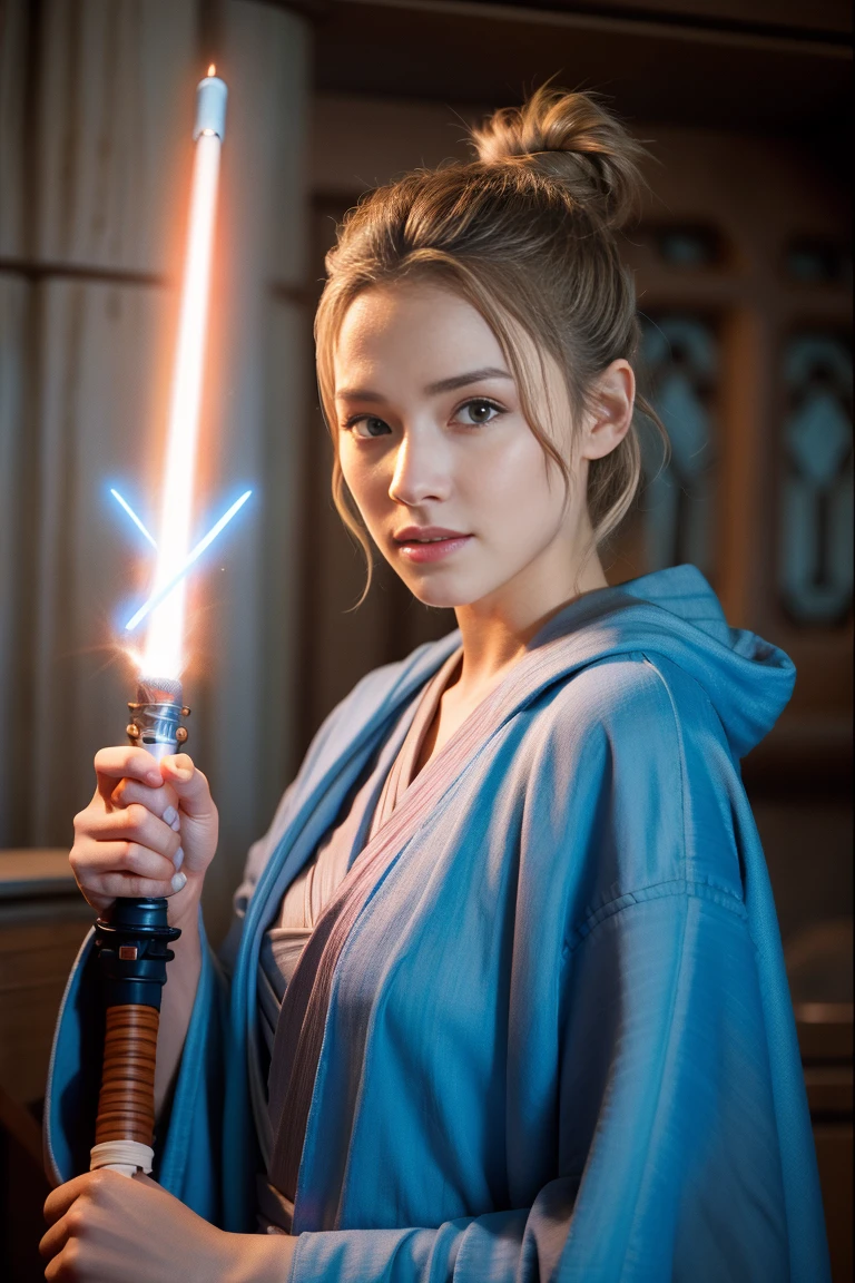 Star Wars, Jedi Master, woman, Beauty, Cute face, Light brown hair tied up in a bun, Wearing a Jedi robe, Lightsaber in hand, The blade burns blue, Jedi Temple