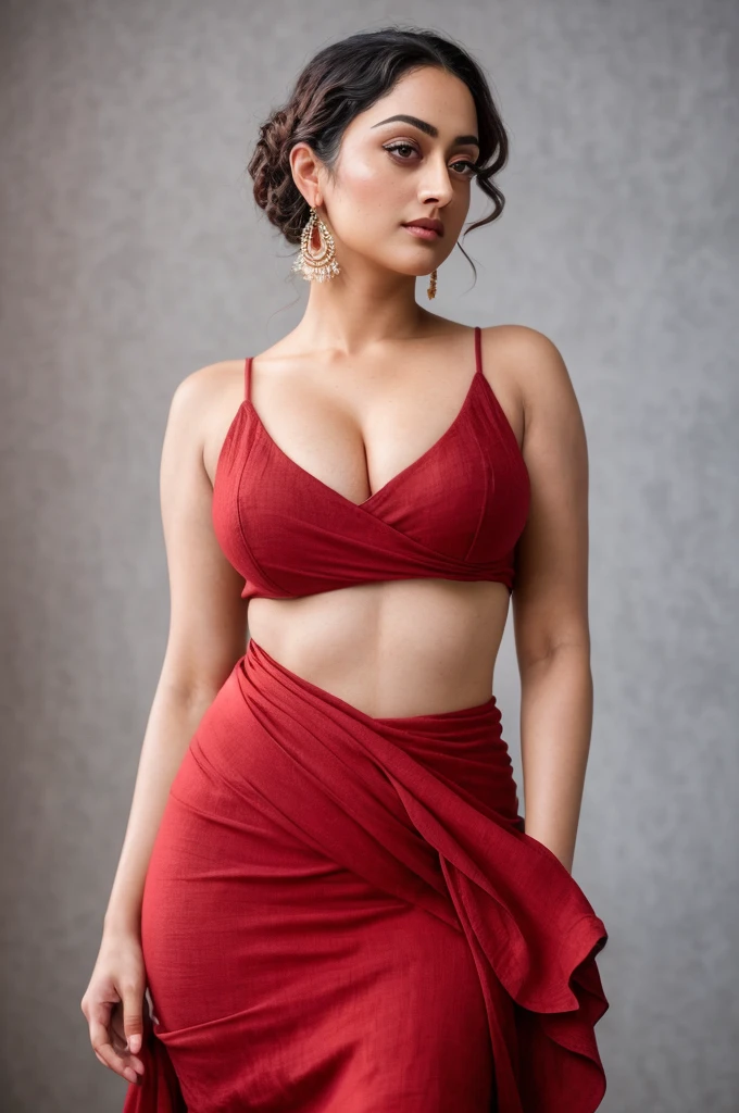 Looks like Sandeepa Dhar, a photo portrait of a beautiful girl 40 years old Woman, curvy hot mommy figure, fleshy figure, feminine curve, with curls, styled black hair, (face portrait:1.5), dramatic light, Rembrandt lighting scheme, bust shot, linen tank top , top quality editorial photograph, skin texture, skin pores, chocolate skin, high quality skin, top quality photography, professional photography, professional retouching, insane detailing, warm moody tones, modern clothes, highly detailed armpits,