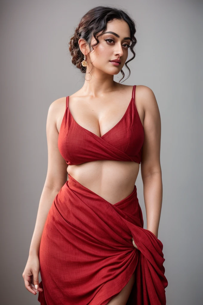Looks like Sandeepa Dhar, a photo portrait of a beautiful girl 40 years old Woman, curvy hot mommy figure, fleshy figure, feminine curve, with curls, styled black hair, (face portrait:1.5), dramatic light, Rembrandt lighting scheme, bust shot, linen tank top , top quality editorial photograph, skin texture, skin pores, chocolate skin, high quality skin, top quality photography, professional photography, professional retouching, insane detailing, warm moody tones, modern clothes, highly detailed armpits, 