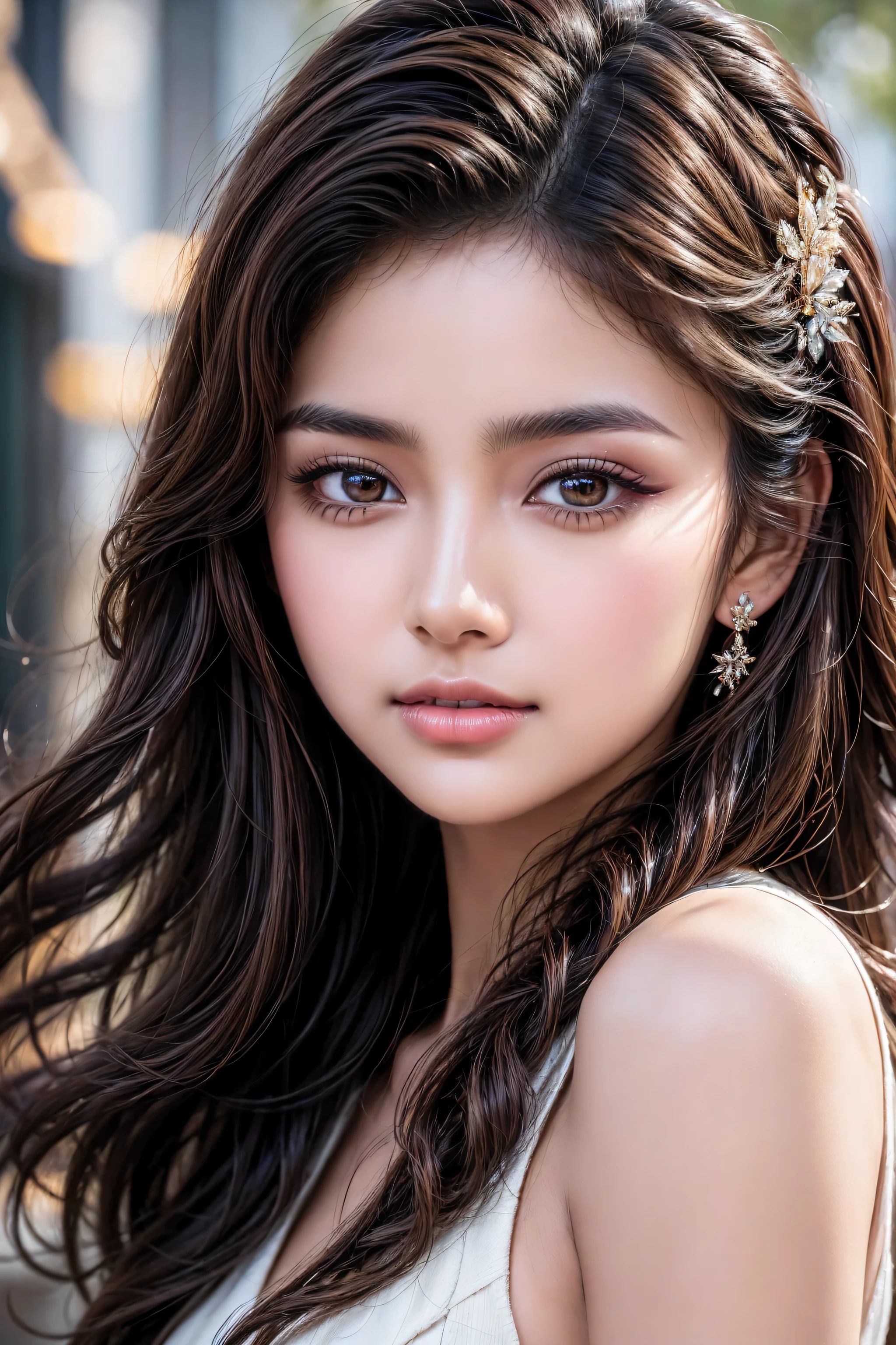 (photorealistic Realism 16K Quality), A breathtakingly beautiful 18-year-old girl named Anikha, who is the epitome of elegance and charm. She stands out as the central focus of this ultra-detailed, 8K resolution masterpiece with a perfect score of 9 and a UHD rating of 1.3. Her delicate facial features are captured with a stunning realism that's amplified by a majestic score of 1.5, making her appear as if she's stepped out of a high-definition dream. Her skin glows with a soft blush, perfectly accentuating her detailed, natural beauty. (the most absurd quality perfect eyes), (super beautiful cute sharp-face), (light pale complexion), (clear no blur and sharp perfect round realistic brown_eyes:1.35), finely detailed pupils, detailed lips:1.3, Her eyes, a rich brown, are filled with a blissful vibe, reflecting the cinematic lighting that surrounds her. They are so realistic and sharp that they seem to hold secrets of the universe within them. Her long shining hair are adorned with a hair ornament that adds an extra touch of elegance to her already flawless look. The background, a canvas of blurred perfection with a score of 1.7 for background blur, showcases an intricate  design that complements the overall aesthetic without overwhelming the main subject.
