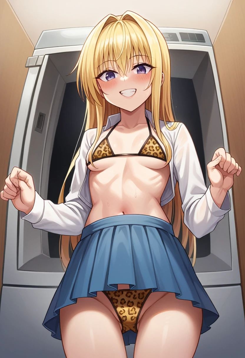 Wearing a sexy leopard print bikini、To Love-Ru、peach、One girl,
Laundry room,washing machine, Laundry basket, a few underwears are in a Laundry basket,
Blonde, {{{Half Twin Tail:1.3}}}、break,blush, bow, 赤いbow, Long sleeve, shirt, 襟付きのshirt, skirt, プリーツskirt, 黒いskirt, Small breasts,
{{{Face close-up}}},Upper Body,,Pay attention to the panties,Quality underwear,
Look down,View your viewers,
Panties as a gift,
Tabletop, Highest quality, , Absurd, Perfect Skin, Detailed skin texture, Ultra-detailed, 8K, Intricate details, Beautifully detailed face,High resolution,
{{{Shadowed face}}}, mock, {{{Grit your teeth:1.2}}}, Grin, smile, Looking down at the viewer, masterpiece,Absurd, Beautiful detailed face when viewed from the front,