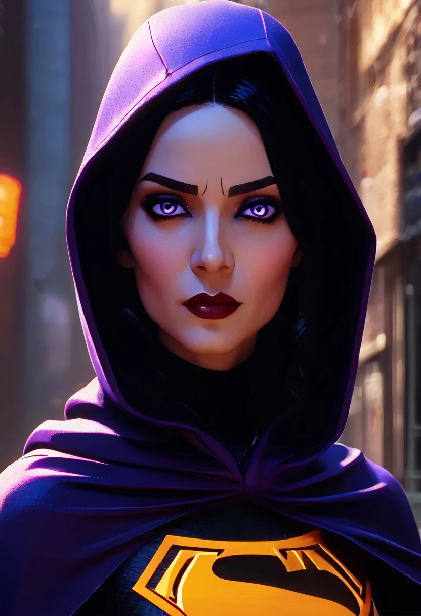 (Masterpiece, 8K, UHD, high resolution: 1.4), stylized portrait of Raven from Teen Titans in Spider-Verse style, (classic Raven outfit with cape and hood: 1.3), (bright violet eyes: 1.2), (short, dark hair: 1.2), (confident and mysterious pose: 1.2), (background with comic book elements, vibrant colors, and distortion effects: 1.3), (dynamic shadows and lights: 1.2), (dark and electrifying atmosphere: 1.3), intricate and textured details, (elements of fantasy and action: 1.2), (dynamic and powerful perspective: 1.3)