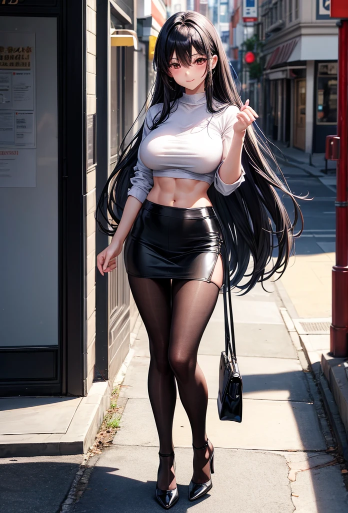 beautiful girl、Big Breasts、Black Hair、long hair、Muscular、Abdominal muscles、Toned Legs、shirt、Black Skirt、Black Pantyhose、High heels、Are standing、The whole body is visible、Around town、A gentle smile、One girl