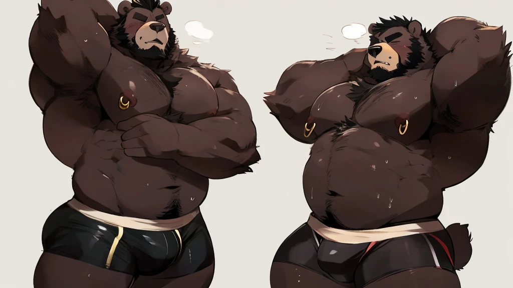 chubby, male, fluffy, fluffy, bare chest, hot, Wet, sweaty, A lot of sweat, muscular abs, Wide body ,back view, thick beard , Blackbeard, Anthro bear, black body, black fur chest, Wide body, big breasts,(gasped) ,salivation, big muscles, thick thighs, ass to camera, leather boxer briefs, convex, visible genitals, detailed outline of genitals ,  hands behind your head, eyes closed, nipple ring,from Hyaku , by DarkGem