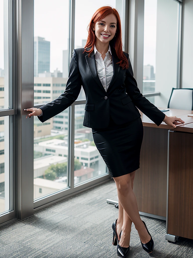 attractive redhead woman wearing business suit with short pencil skirt and jacket, blouse, high heel pumps, standing in an office, wetting, big smile, pee stains are gleaming wet, hand pressed against the front of her skirt