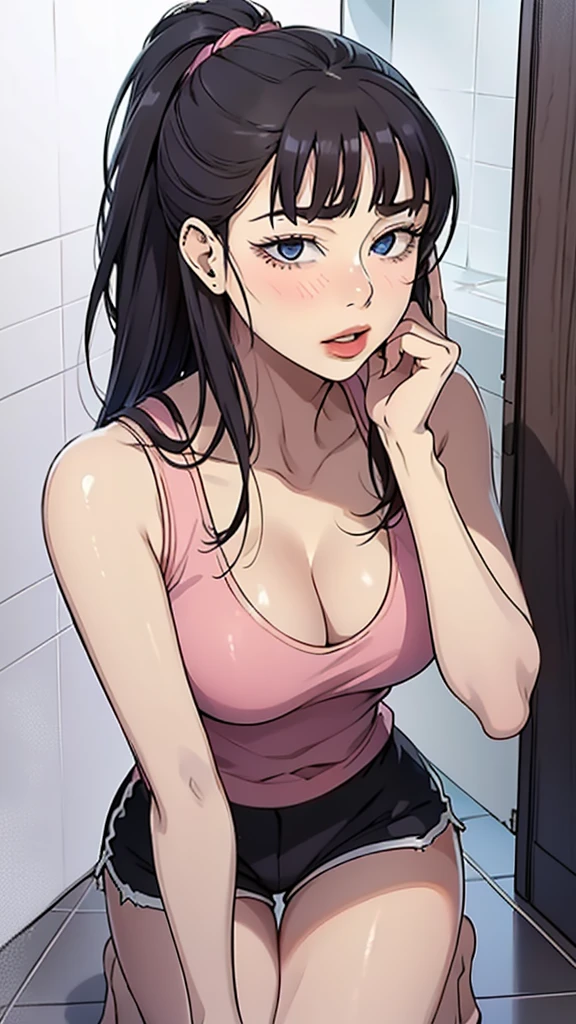 {8k image},  with intense rain，， 22-year-old russian girl，Raised sexy，drenched all over the body，clothes see-through:1.2,, c cup，Wet hair, woman brown wavy hair and a ponytail. torn clothes. (pink summer tank top), damaged clothes, Cleavage, exposed.  {looking directly at the viewer}, {facing forward}, {perfect anatomy}, {image focused only on the face}, {face portrait}, on knees in shower, medium sized breasts, looking up at viewer, black hair, dolfine shorts,