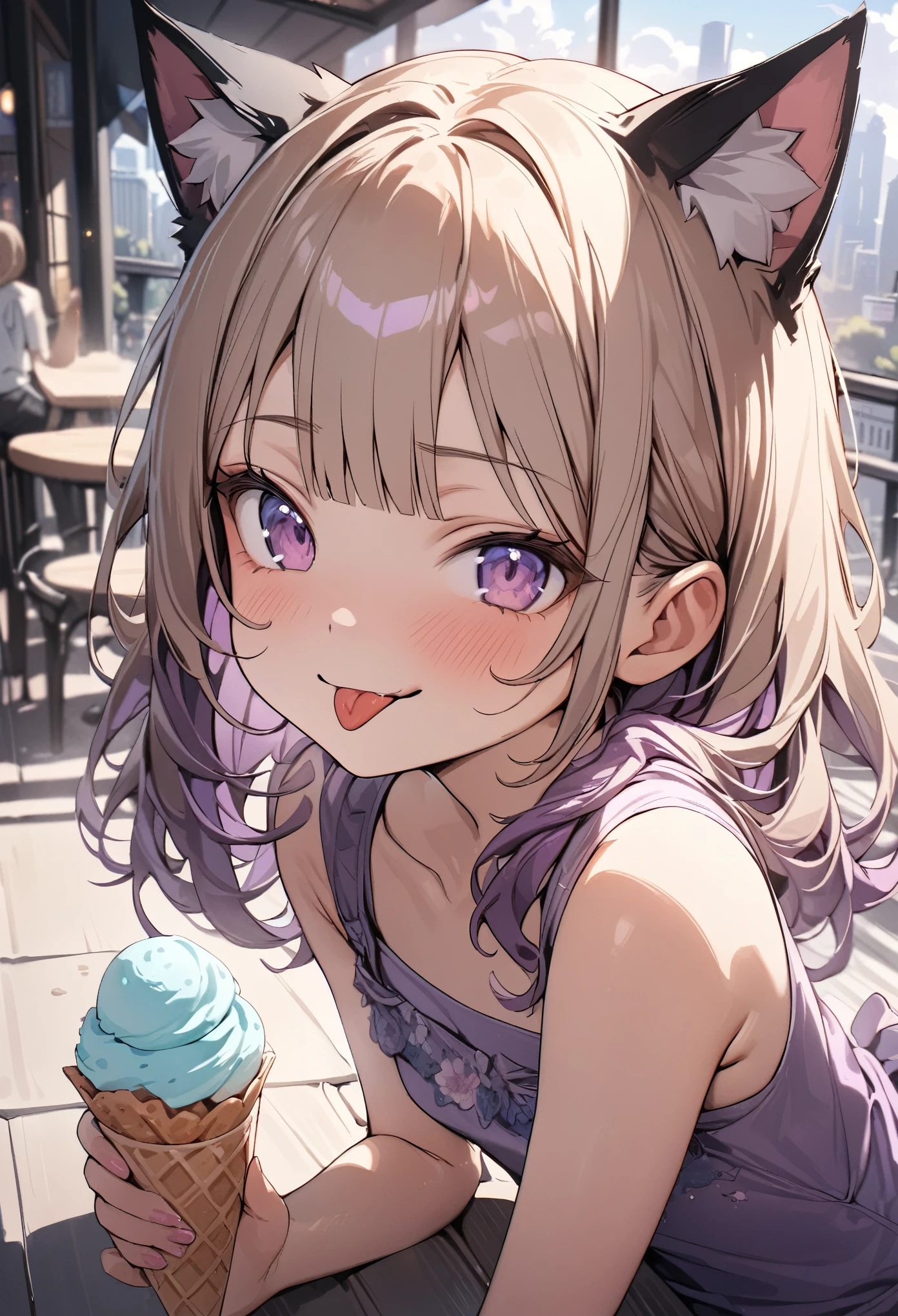 ((Masterpiece)), ((best quality)), ((kawaii)), ((extremely detailed)), 4K, (8K), (super detail:1.2), (High Definition:1.3), (Professional Photography:1.2), cinematic lighting, (very aesthetic:1.2), (absurdres:1.2), (sharp focus), (perfect light), ((1girl)),((12 years old)), (1girl), cute young girl, (naughty smile), ((sticking out tongue)), (Beautiful deep purple eyes:1.2), (put on cat ears), girl, (Embroidered cute tanktop), small breast, Healthy skin, (Healthy slim body), shortpants, pudgy cheeks, BREAK, ((best quality)), (very aesthetic:1.2), (absurdres:1.2), ((extremely detailed)), (loose blunt bangs), ((Beautiful Silky hair)), medium hair, ((beautiful pale brown hair)), 🌈, ((Eating vanilla ice cream)), loose sitting on chair, ice cream on the café terrace, (the Midsummer Cafe Terrace), Beautiful cityscape Background, Large Cumulonimbus Clouds, pastel colors clouds, kawaii, cute colors,