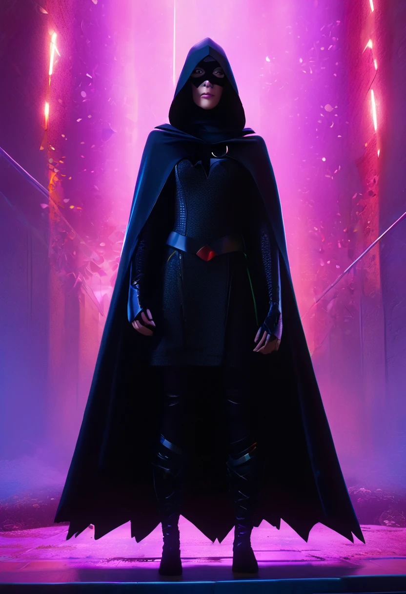 (Masterpiece, 8K, UHD, high resolution: 1.4), stylized portrait of Raven from Teen Titans in Spider-Verse style, (classic Raven outfit with cape and hood: 1.3), (bright violet eyes: 1.2), (short, dark hair: 1.2), (confident and mysterious pose: 1.2), (background with comic book elements, vibrant colors, and distortion effects: 1.3), (dynamic shadows and lights: 1.2), (dark and electrifying atmosphere: 1.3), intricate and textured details, (elements of fantasy and action: 1.2), (dynamic and powerful perspective: 1.3)