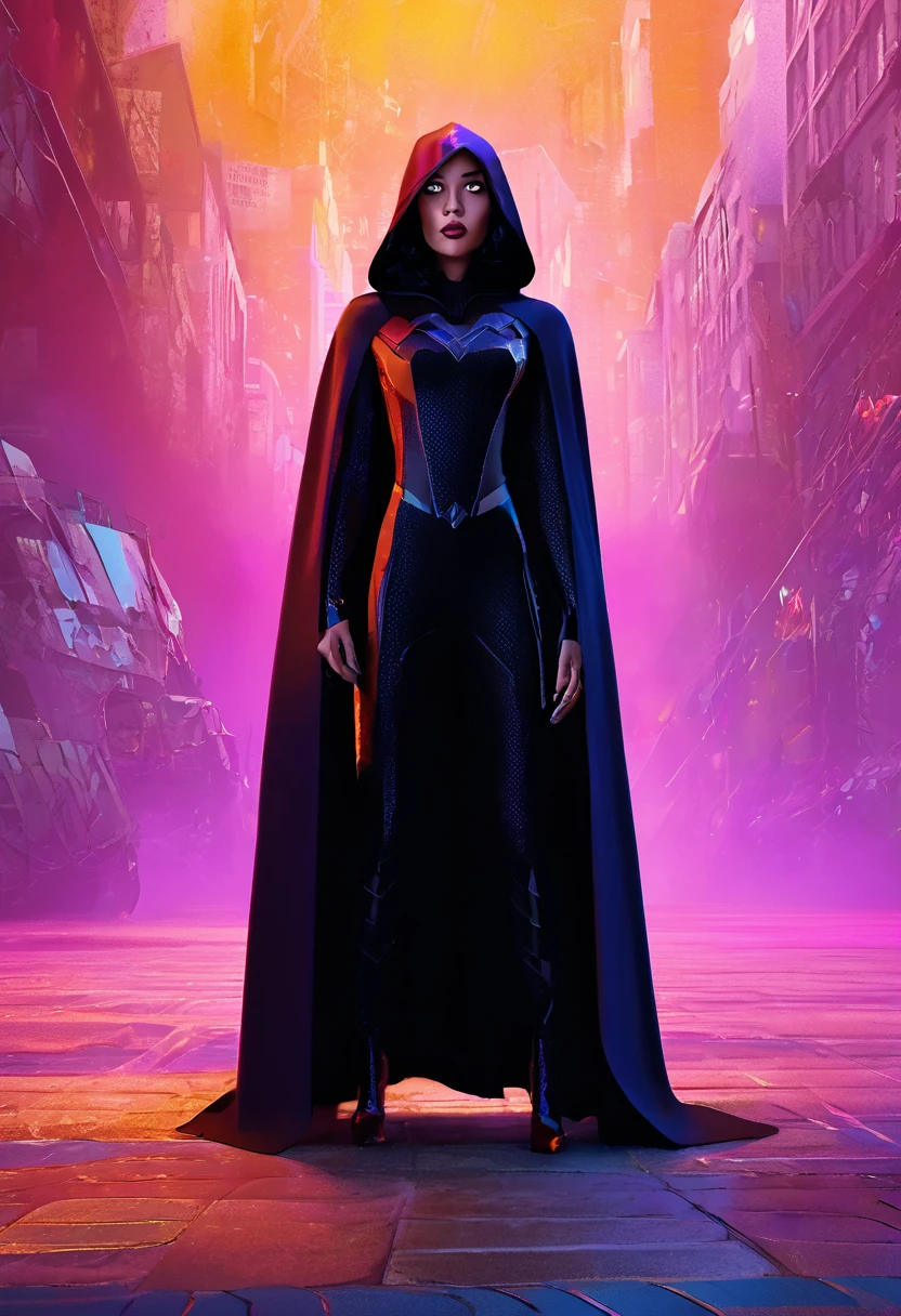 (Masterpiece, 8K, UHD, high resolution: 1.4), stylized portrait of Raven from  Titans in Spider-Verse style, (classic Raven outfit with cape and hood: 1.3), (bright violet eyes: 1.2), (short, dark hair: 1.2), (confident and mysterious pose: 1.2), (background with comic book elements, vibrant colors, and distortion effects: 1.3), (dynamic shadows and lights: 1.2), (dark and electrifying atmosphere: 1.3), intricate and textured details, (elements of fantasy and action: 1.2), (dynamic and powerful perspective: 1.3)