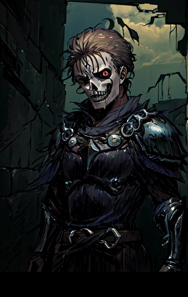 masterpiece, Best quality, detailed, 4K, cinematography, Background with: Inside an illuminated medieval village in front of a medieval castle on a rainy night, dark clouds, storm, Black knight in black steel armor (Middle aged man with short dark blue hair, pomaded), Skull decoration on armor