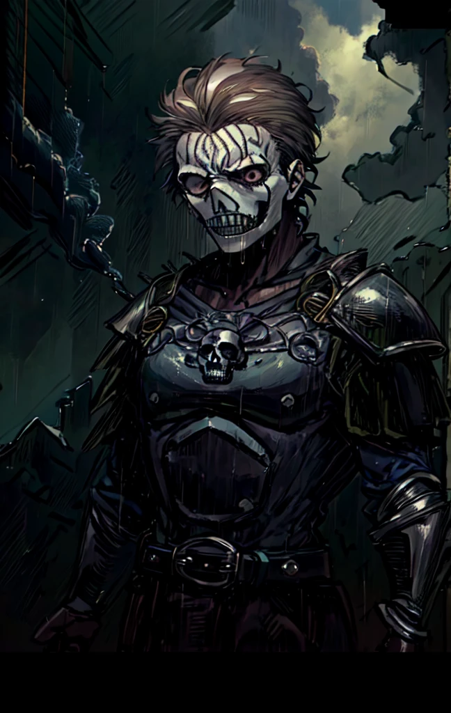 masterpiece, Best quality, detailed, 4K, cinematography, Background with: Inside an illuminated medieval village in front of a medieval castle on a rainy night, dark clouds, storm, Black knight in black steel armor (Middle aged man with short dark blue hair, pomaded), Skull decoration on armor