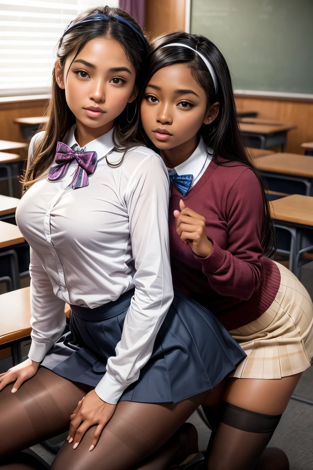 2 women humping each other, (humping:1.4), (doggystyle-pose), Masterpiece, high quality, high resolution, volumetric lighting, subsurface scattering, 8k, Beautiful woman, looking at viewer, dark skin, phillipino, college student, uniform, (long-sleeve:1.2), large breasts, skirt, (pantyhose), (bowtie), headband, hoop earing, classroom