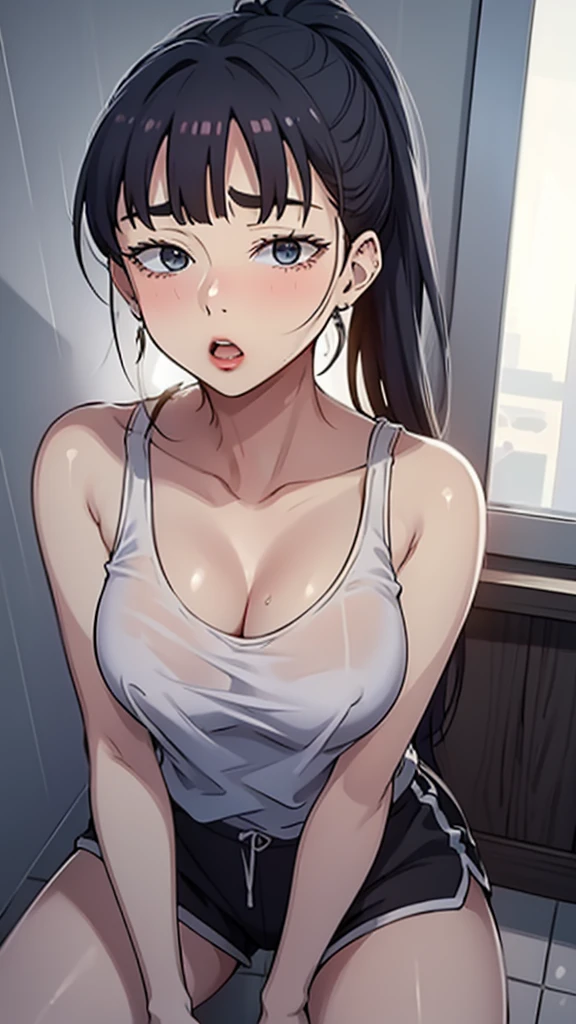 {8k image},  with intense rain，， 22-year-old russian girl，Raised sexy，drenched all over the body，clothes see-through:1.2,, c cup，Wet hair, woman brown wavy hair and a ponytail. torn clothes. (pink summer tank top), damaged clothes, Cleavage, exposed.  {looking directly at the viewer}, {facing forward}, {perfect anatomy}, {image focused only on the face}, {face portrait}, on knees in shower, medium sized breasts, looking up at viewer, black hair, dolfine shorts,