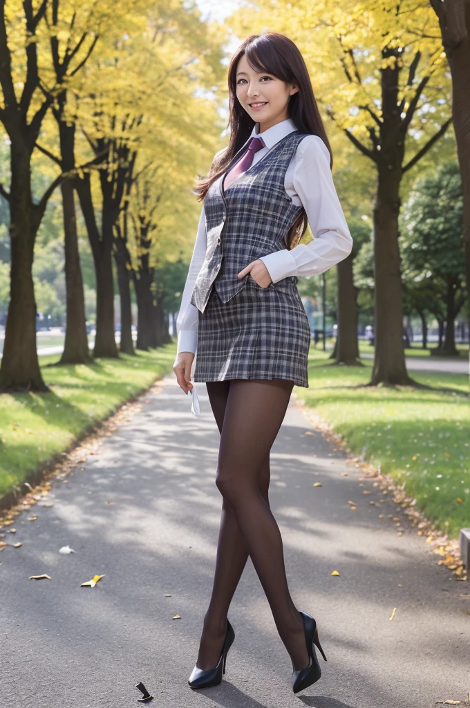 Urzan-6500-v1.1, (RAW Photos:1.2), (Photorealistic), (Genuine:1.4), (Flying debris), 1girl、Perfect Anatomy、48 years old、Looking at the camera、Medium Long Hair、Plaid vest、((A walk in the park:1.1))、(Ultra-realistic pantyhose:1.2), (High heels)、(Business services)、((Full Body Shot:1.2))、(A very kind smile:1.2)、