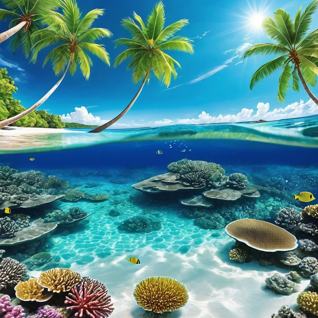 Generate a tropical paradise with crystal-clear waters. Depict a beach with white sand and vibrant coral reefs beneath the surface. The scene should showcase the reflections of the azure sky and lush palm trees on the water's surface.