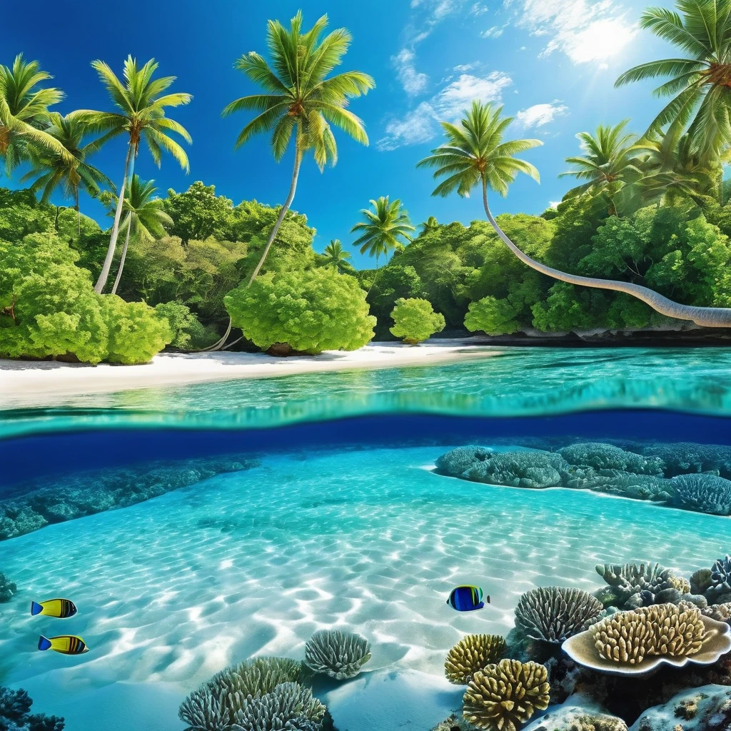 Generate a tropical paradise with crystal-clear waters. Depict a beach with white sand and vibrant coral reefs beneath the surface. The scene should showcase the reflections of the azure sky and lush palm trees on the water's surface.