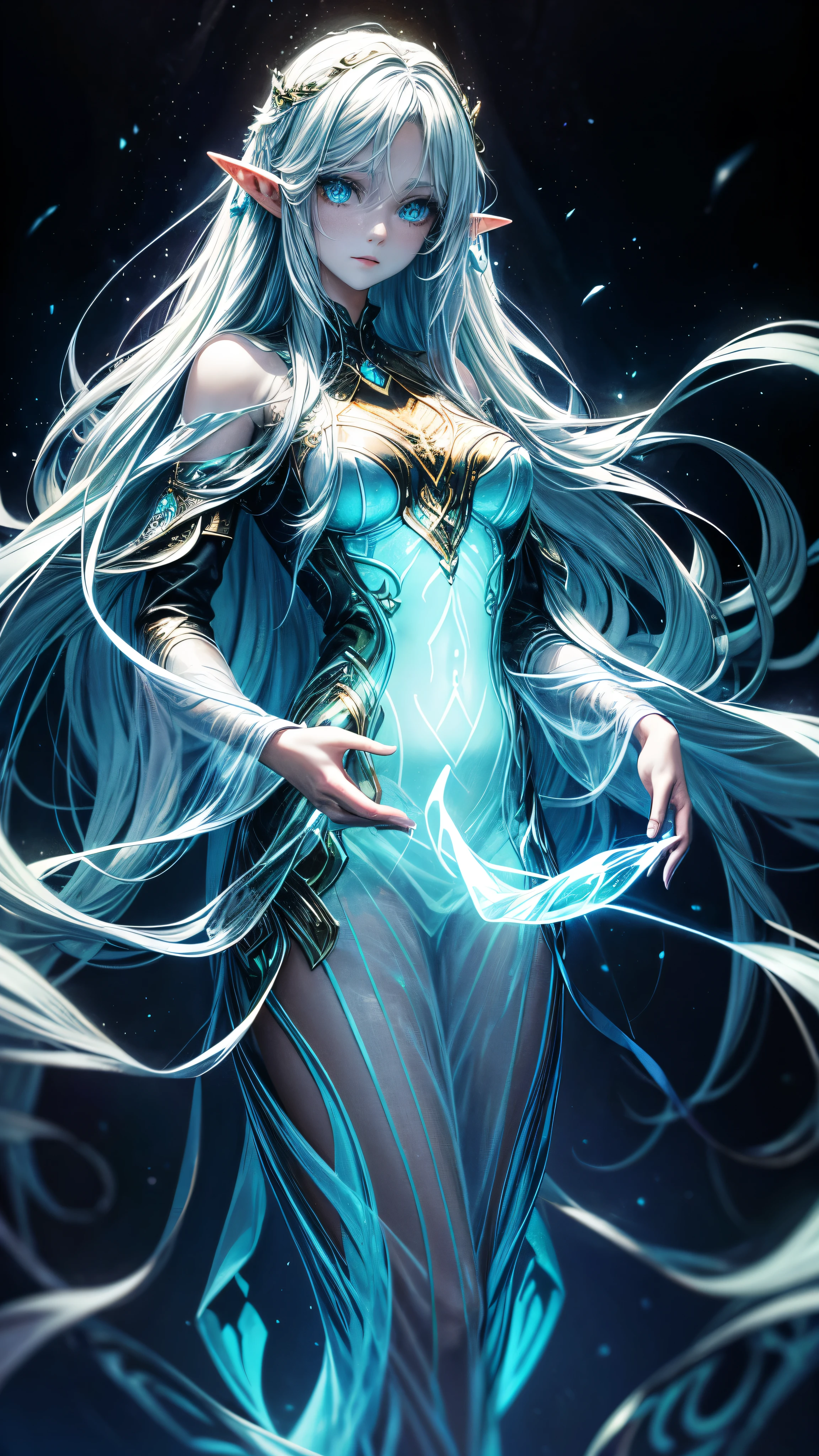 drawing of a cute young woman, long flowing hair, transparent bioluminescent glowing body, on a deep dark background, Glassmorphisom, 32k por AiLove, uncanny,detailed face, detailed eyes, detailed hands, elf woman