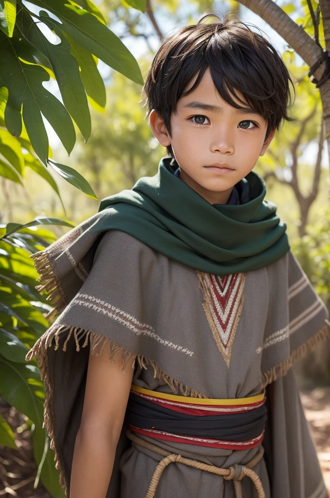 A 13-year-old boy wearing tribal village clothes, poncho, instead of hair, he has leaves and branches on his head, gray eyes and cute face