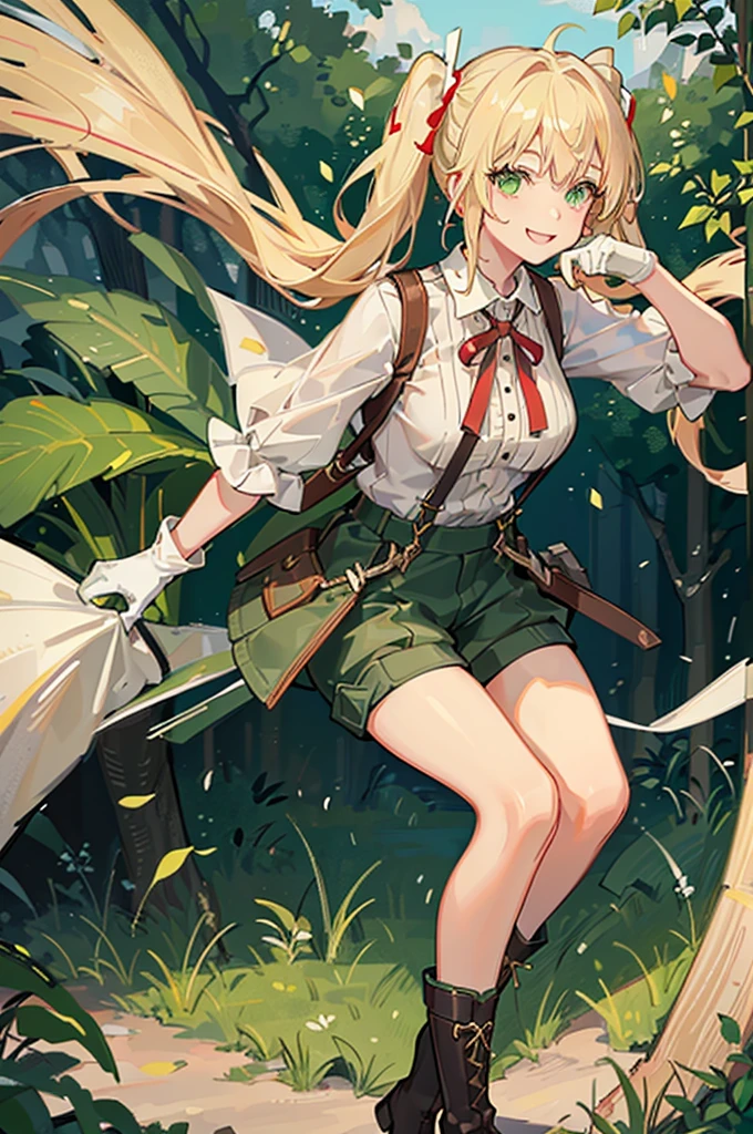 30-year-old woman, blonde hair in pigtails, green eyes, tender and smiling expression, long explorer-style shorts with beige suspenders, short-sleeved white blouse, red ribbon in her hair, beige leather gloves, dark beige, in forest leather boots that reach mid-calf, her weapons are two daggers she carries at her waist. 