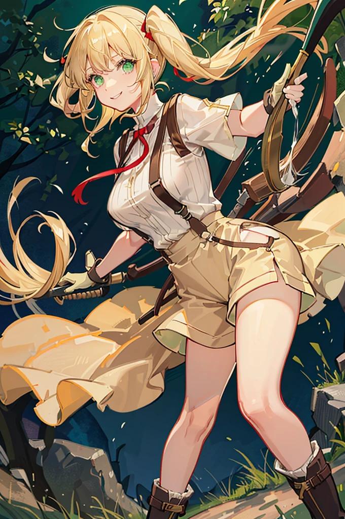 30-year-old woman, blonde hair in pigtails, green eyes, tender and smiling expression, long explorer-style shorts with beige suspenders, short-sleeved white blouse, red ribbon in her hair, beige leather gloves, dark beige, in forest leather boots that reach mid-calf, her weapons are two daggers she carries at her waist. 