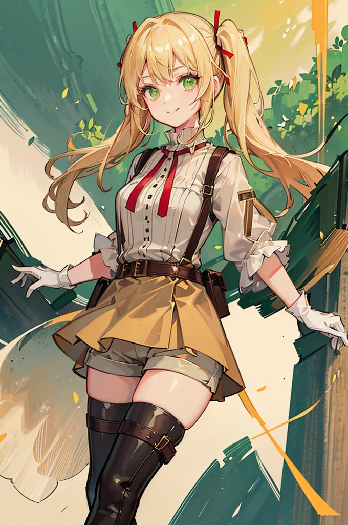 30-year-old woman, blonde hair in pigtails, green eyes, tender and smiling expression, long explorer-style shorts with beige suspenders, short-sleeved white blouse, red ribbon in her hair, beige leather gloves, dark beige, in forest leather boots that reach mid-calf, her weapons are two daggers she carries at her waist. 