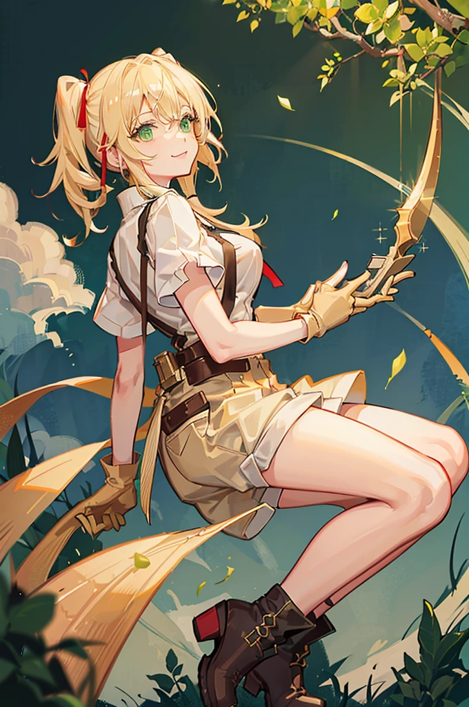 30-year-old woman, blonde hair in pigtails, green eyes, tender and smiling expression, long explorer-style shorts with beige suspenders, short-sleeved white blouse, red ribbon in her hair, beige leather gloves, dark beige, in forest leather boots that reach mid-calf, her weapons are two daggers she carries at her waist.