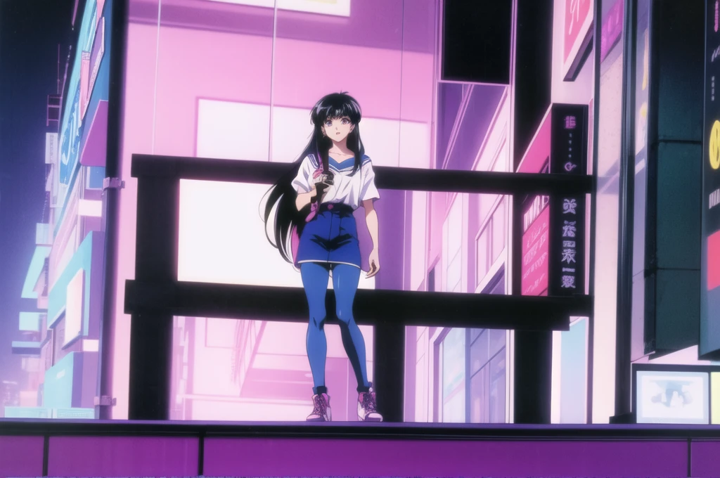 1990s (style), 1980s (style), anime girl, long black hair, flip phone, vaporwave aesthetic, neon lights, square