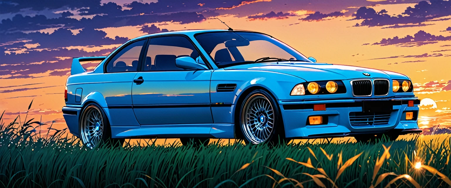 A classic BMW M3 E36 sports car in ABS blue、Anime scenery of a girl sitting in tall grass with a sunset in the background.Beautiful anime scene, Beautiful anime peace scenes, Makoto Shinkai Cyril Rolland, Beautiful anime scene, Awesome Wallpapers, Anime Art Wallpapers 8K, Anime Background, artistic Anime Background, anime wallpaper 4k, Anime Art 4K Wallpaper, Anime Wallpaper Art 4k,